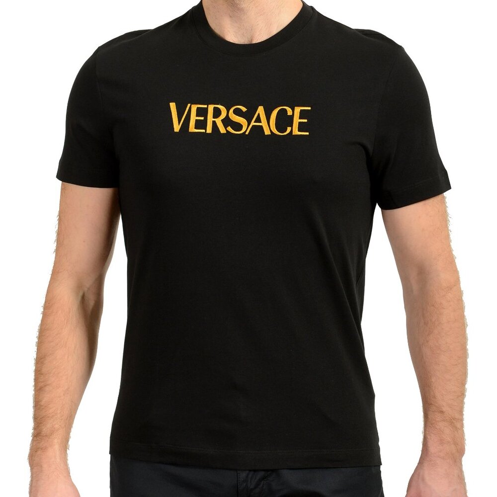 Versace Men's Black Short Sleeve Gold Logo Embroidery T-Shirt US 2XL IT 56